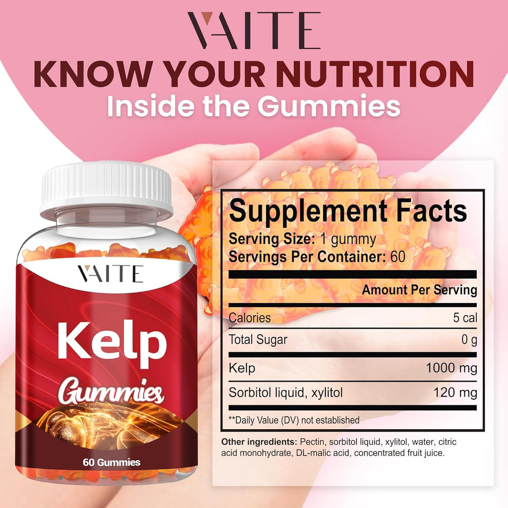 Kelp Supplement 1000mg – Iodine Formula with Fucus, Marine Trace Minerals, Seaweed-Derived Plant-Based Gummies, Vegan-Friendly, Gluten-Free, Non-GMO, 60 Chewables for Women and Men, Daily Use