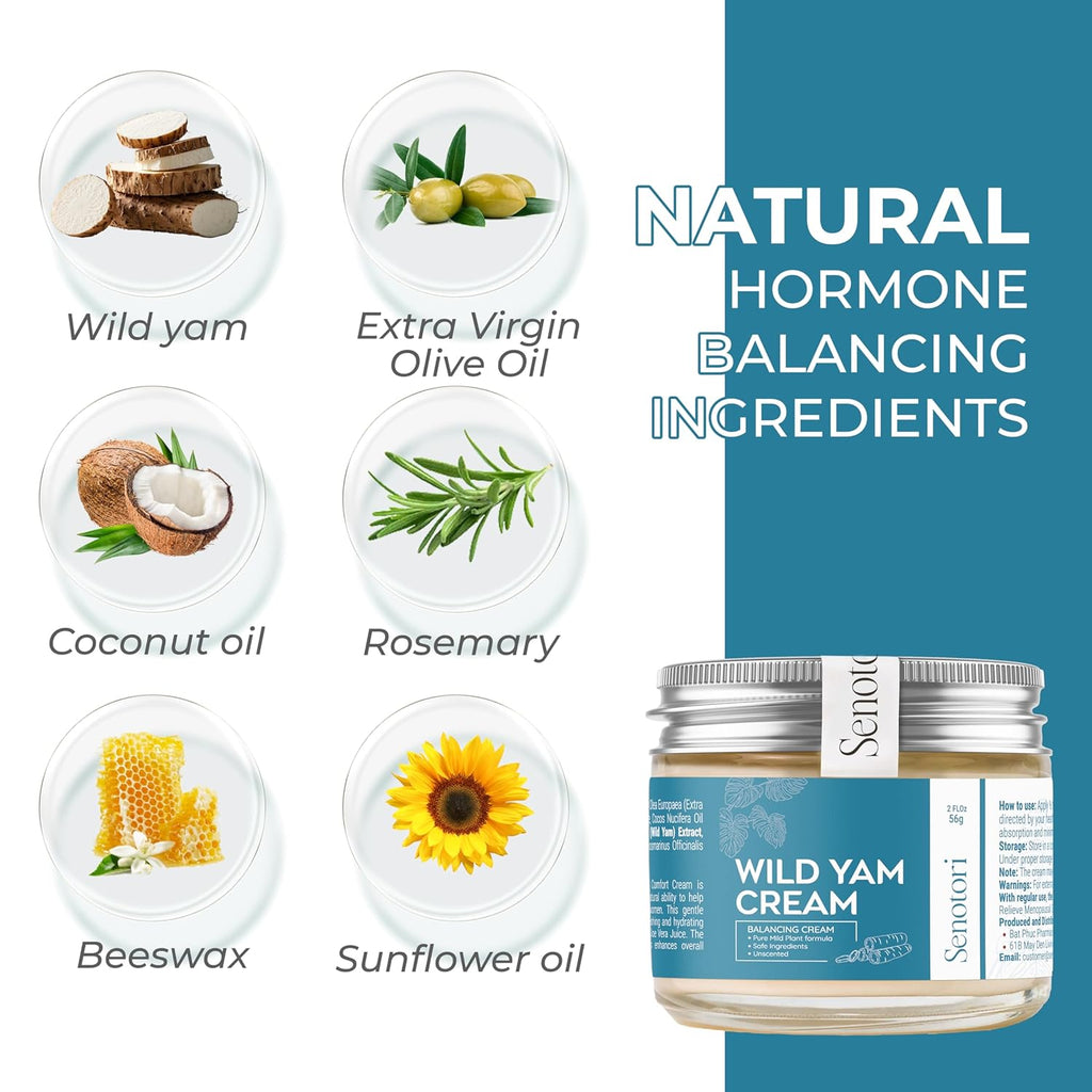 Wild Yam Cream – Herbal Support for PMS & Menopause Relief – Balances Hormones, Eases Hot Flashes & Night Sweats; Suitable for All Skin Types – Gift for Mother (2oz)