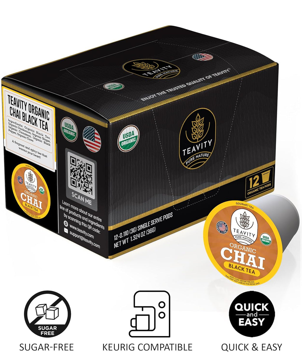 Organic Chai Black Tea Pods for Keurig Naturally Caffeinated by Teavity (36 Tea Pods)
