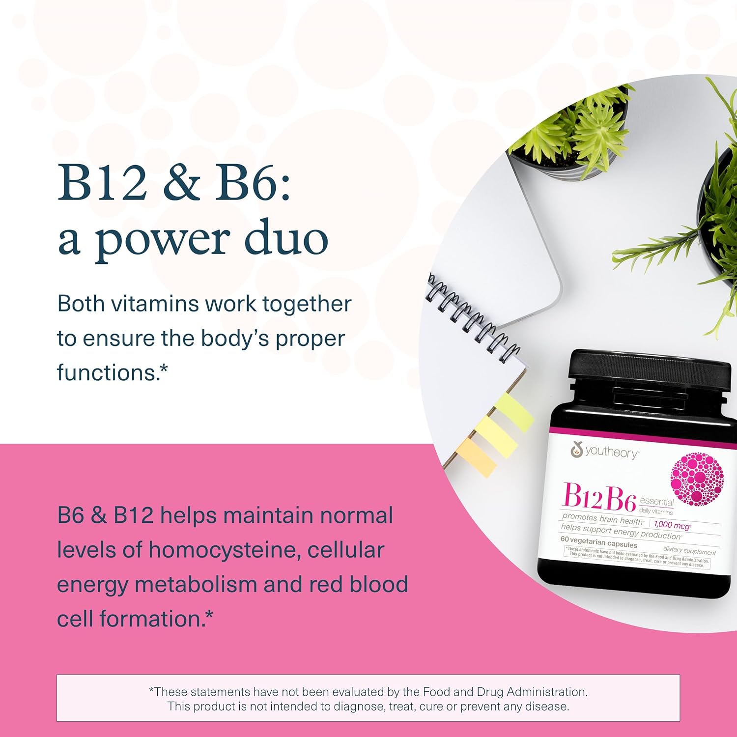 Youtheory B12B6 - Vegan Vitamin B6 & Vitamin B12 - Offers Brain Health, Energy & Immunity Support* - Dairy, Soy & Gluten Free - 60 Vegetarian Capsules