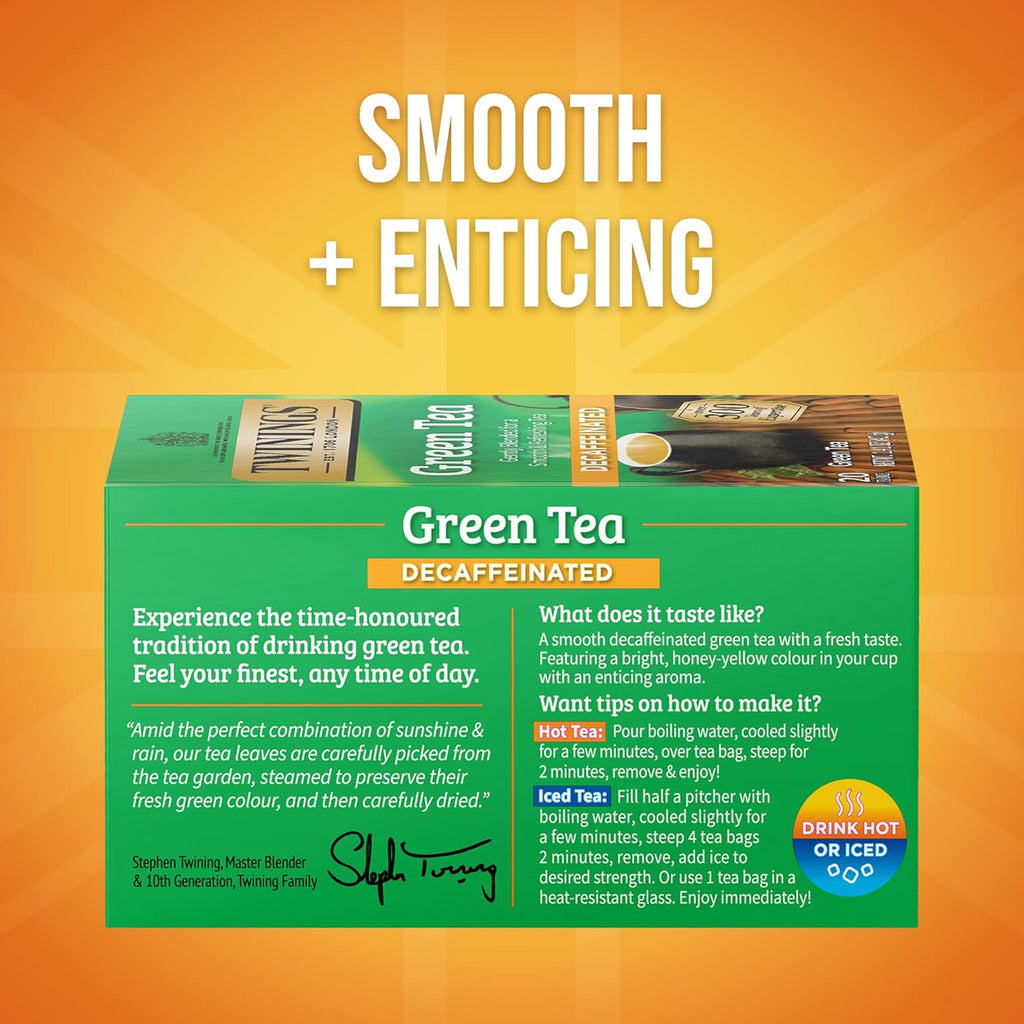 Twinings Decaffeinated Green Tea Individually Wrapped Bags, 20 Count (Pack of 1), Smooth Flavour, Enticing Aroma, Enjoy Hot or Iced, 20 Teabags
