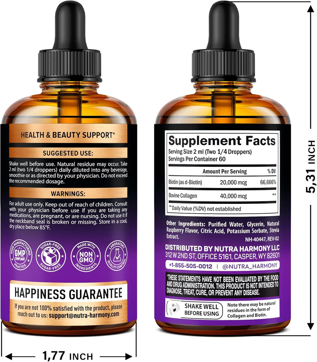 Liquid Biotin & Collagen - Vitamins for Hair Growth Support for Women & Men - Extra Strength 60000 mcg Drops - B7 Supplement - Strong Nails & Healthy Skin - 98% Faster Absorption Than Pills