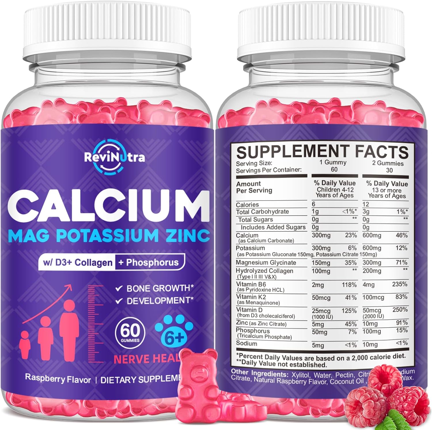 Calcium Potassium Magnesium Gummies for Kids & Adults, with Hydrolyzed Collagen, Zinc, Phosphorus, Multivitamin for Sleep, Bone Strength, Density Support, Sugar Free,Raspberry 2 Pack