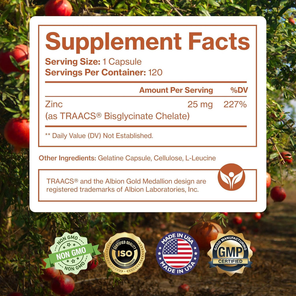 Pure Zinc Supplement 25mg - TRAACS Bisglycinate Chelate - 120 Capsules for Immune Support, Skin Health & Energy - for Men & Women