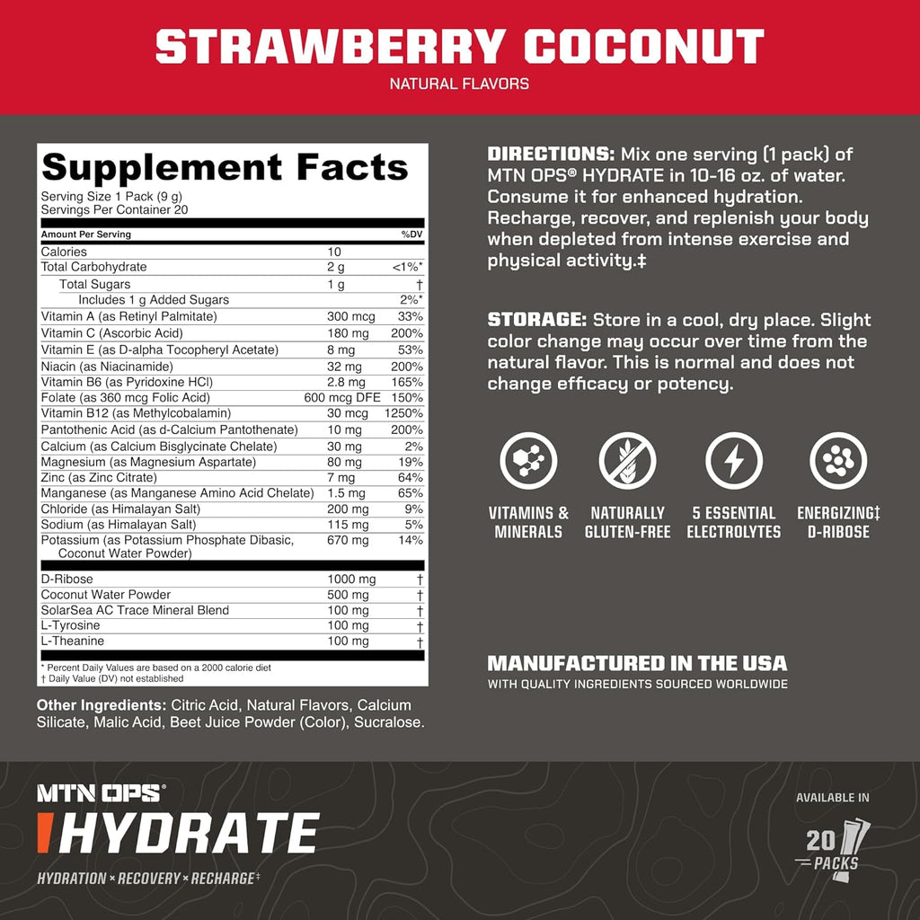 MTN OPS Hydrate Electrolytes Powder Drink Mix, 20 Single Serving On-The-Go Electrolyte Packs with Over 1000mg of Electrolytes per Serving, Strawberry Coconut