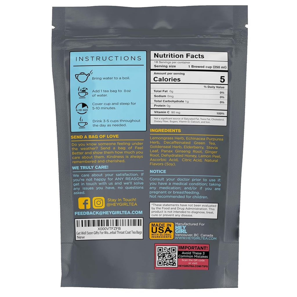 Herbal Lemon Ginger Tea for Cold, Cough, Sore Throat Coat, Immune Support - Get Well Gifts For Women - Elderberry, Echinacea, Ginseng, Lemongrass, Goldenseal - Sick Care Package Gifts for Tea Lovers