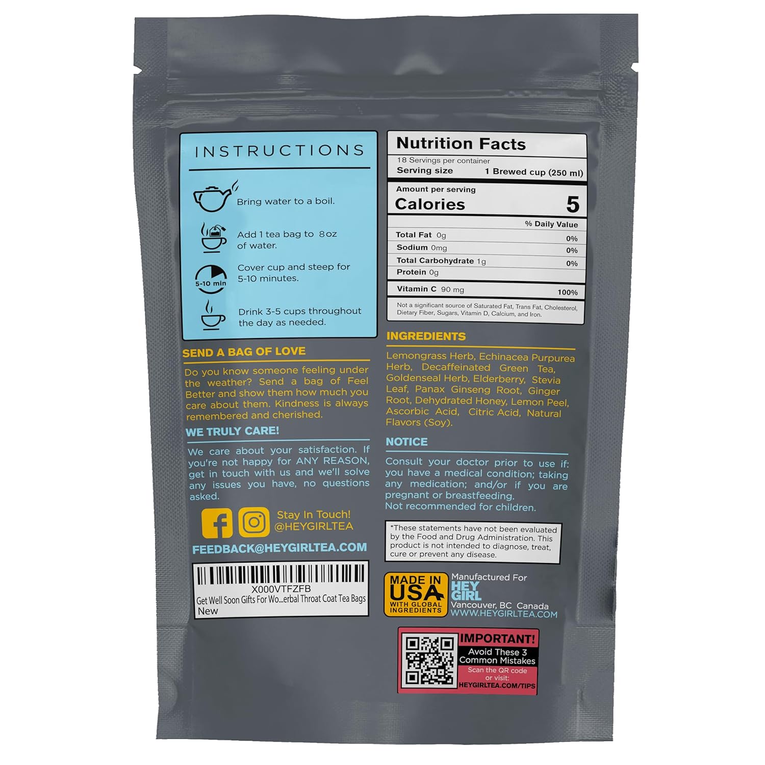 Herbal Lemon Ginger Tea for Cold, Cough, Sore Throat Coat, Immune Support - Get Well Gifts For Women - Elderberry, Echinacea, Ginseng, Lemongrass, Goldenseal - Sick Care Package Gifts for Tea Lovers