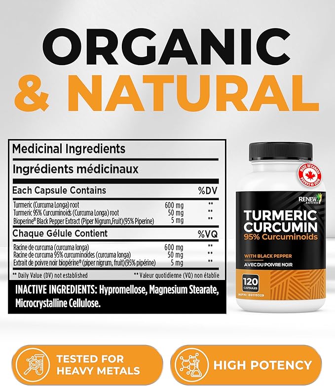Renew Actives Turmeric Curcumin with Black Pepper – 600MG Turmeric Root, 100MG Curcuminoids per 2 Capsules – Supports Digestion, Liver Health, Joint Relief & Mobility – Made in Canada – 120 Capsules