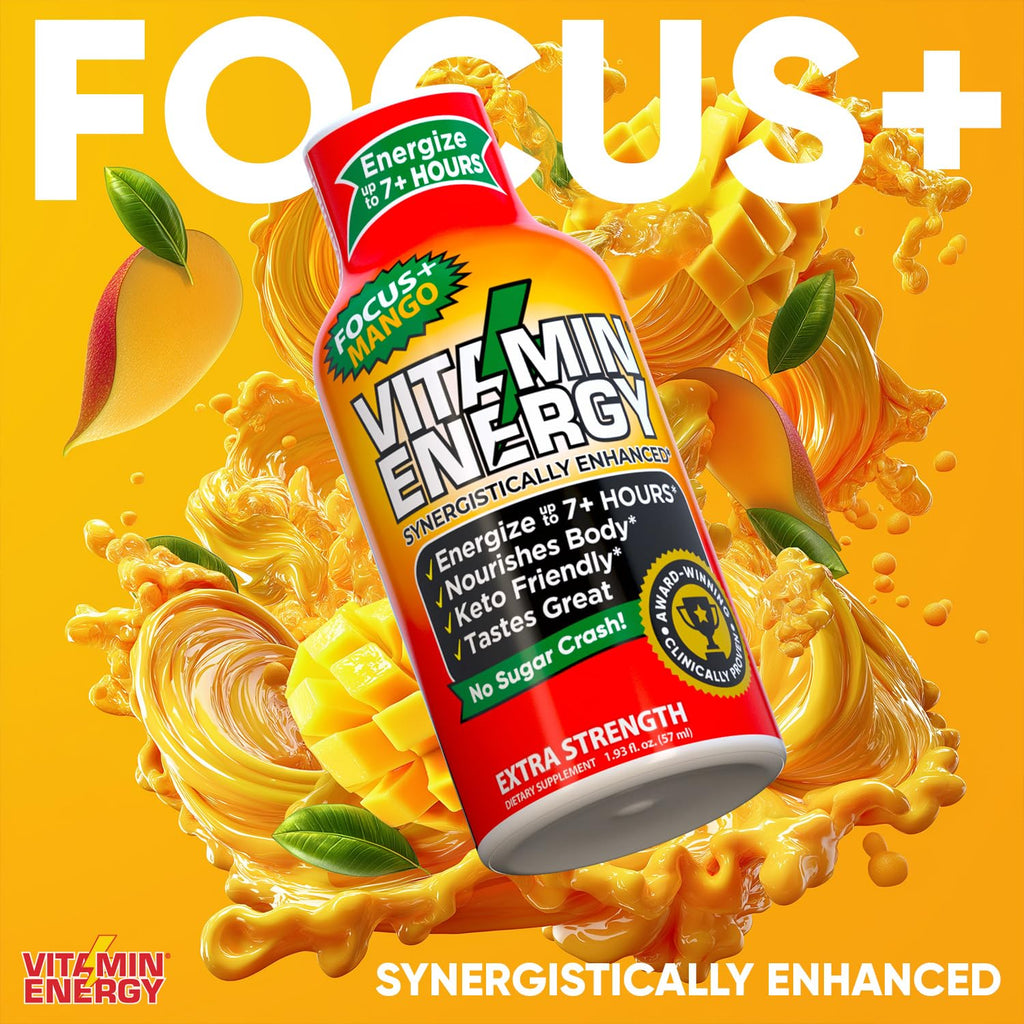 Vitamin Energy Focus+ Extra Strength Energy Shot Mango 12 Pack, 260mg Natural Caffeine, B-Vitamins, CoQ10, Amino Acids, Focus, Productivity & Clarity, Zero Sugar, Gluten-Free, 1.93 fl oz