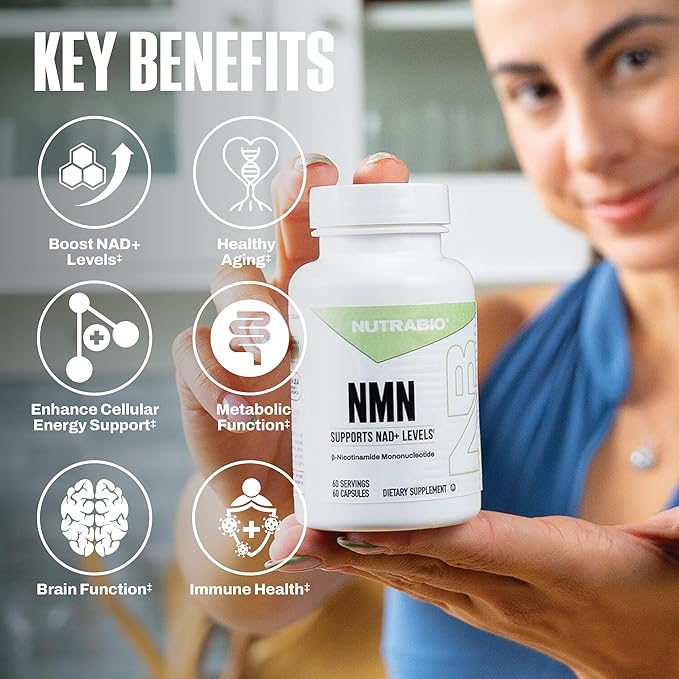 NutraBio NMN - NAD Supplement, Longevity Support, Boost NAD Levels, Increase Cellular Energy, Brain Health, Healthy Aging- 60 Servings- 60 Capsules
