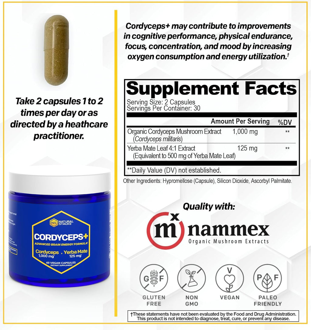 Cordyceps Mushroom Capsules - 1000mg Cordyceps Extract & 125mg Yerba Mate Extract - 100% Fruiting Body Mushroom Supplement - Supports Brain Energy & Cognitive Performance - 60 Yerba Mate Capsules