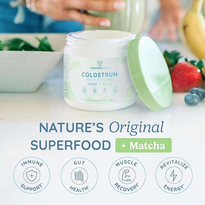 WONDERCOW Colostrum Supplement Powder for Gut Health, Immune Support, Muscle Recovery & Wellness | Natural IgG Pure Whole Bovine Colostrum Superfood, Matcha, 60 Servings
