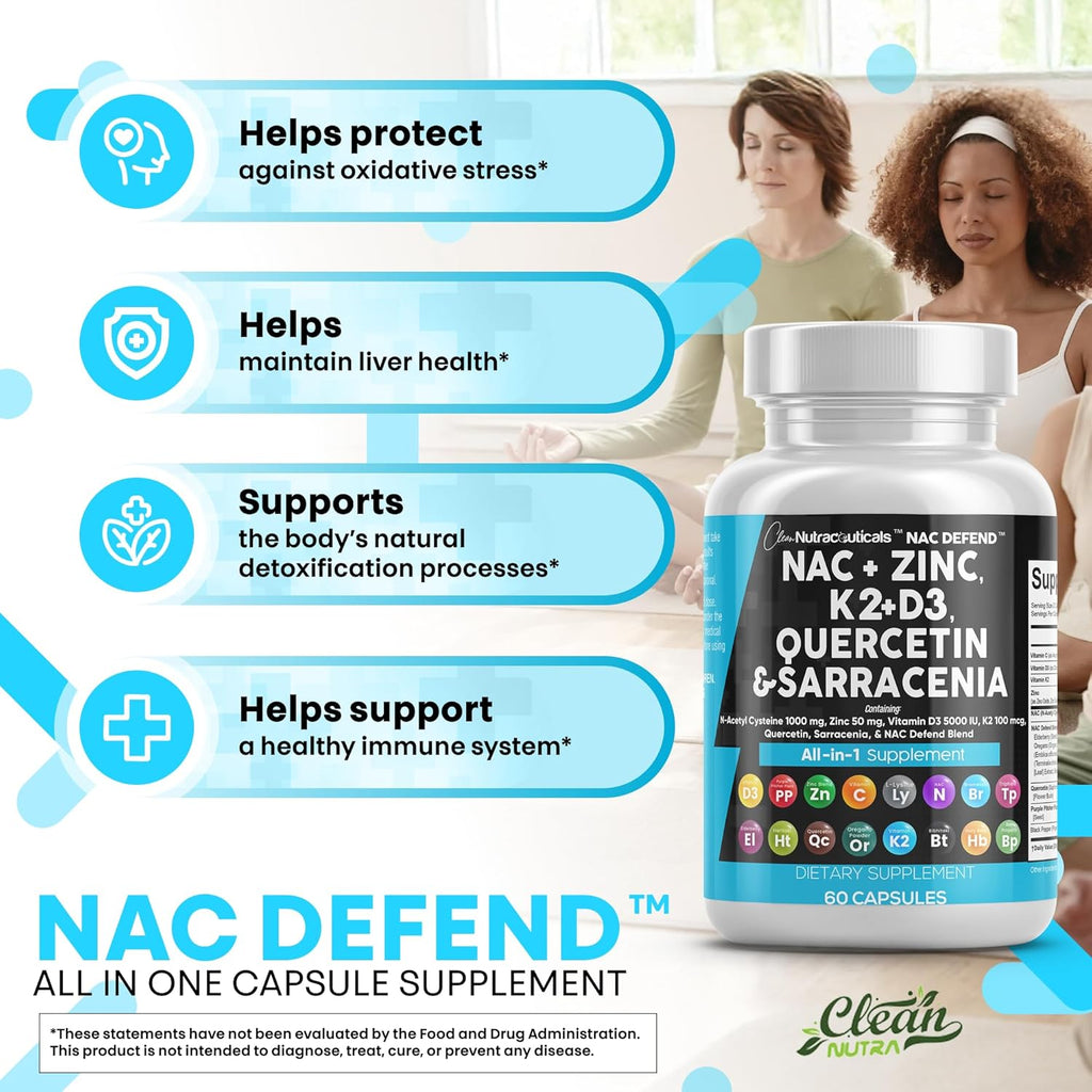 Clean Nutraceuticals NAC Supplement N-Acetyl Cysteine Vitamin D3 K2 Zinc Quercetin Sarracenia Purpurea with Elderberry Holy Basil Bee Propolis Bromelain L-Lysine (2)