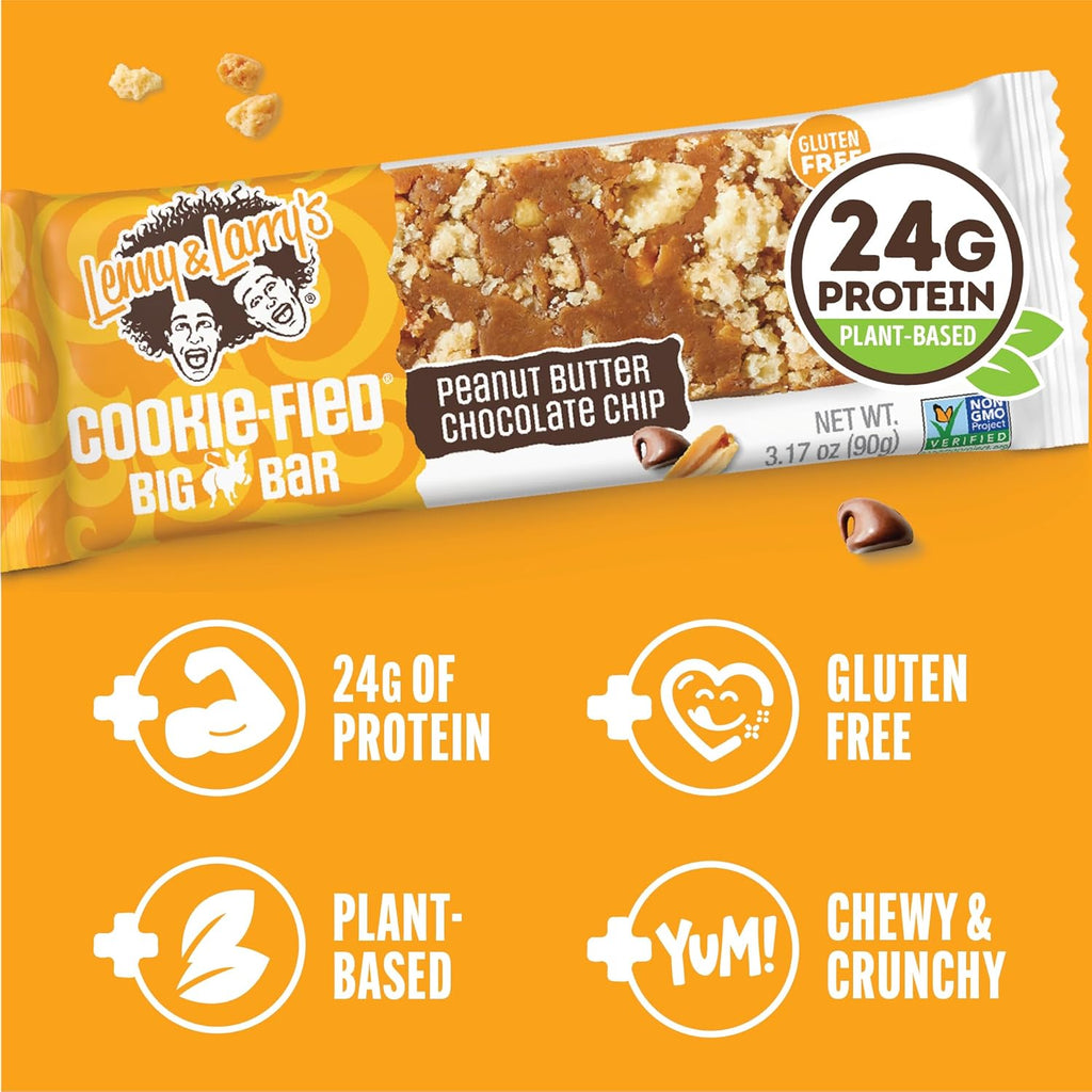 Lenny & Larry's Cookie-fied BIG BAR – Peanut Butter Chocolate Chip Vegan Protein Bars 12x90g – Healthy Snacks, 24g Plant Protein & 10g Prebiotic Fiber – Gluten free Power Bar, Keto Friendly & Vegan