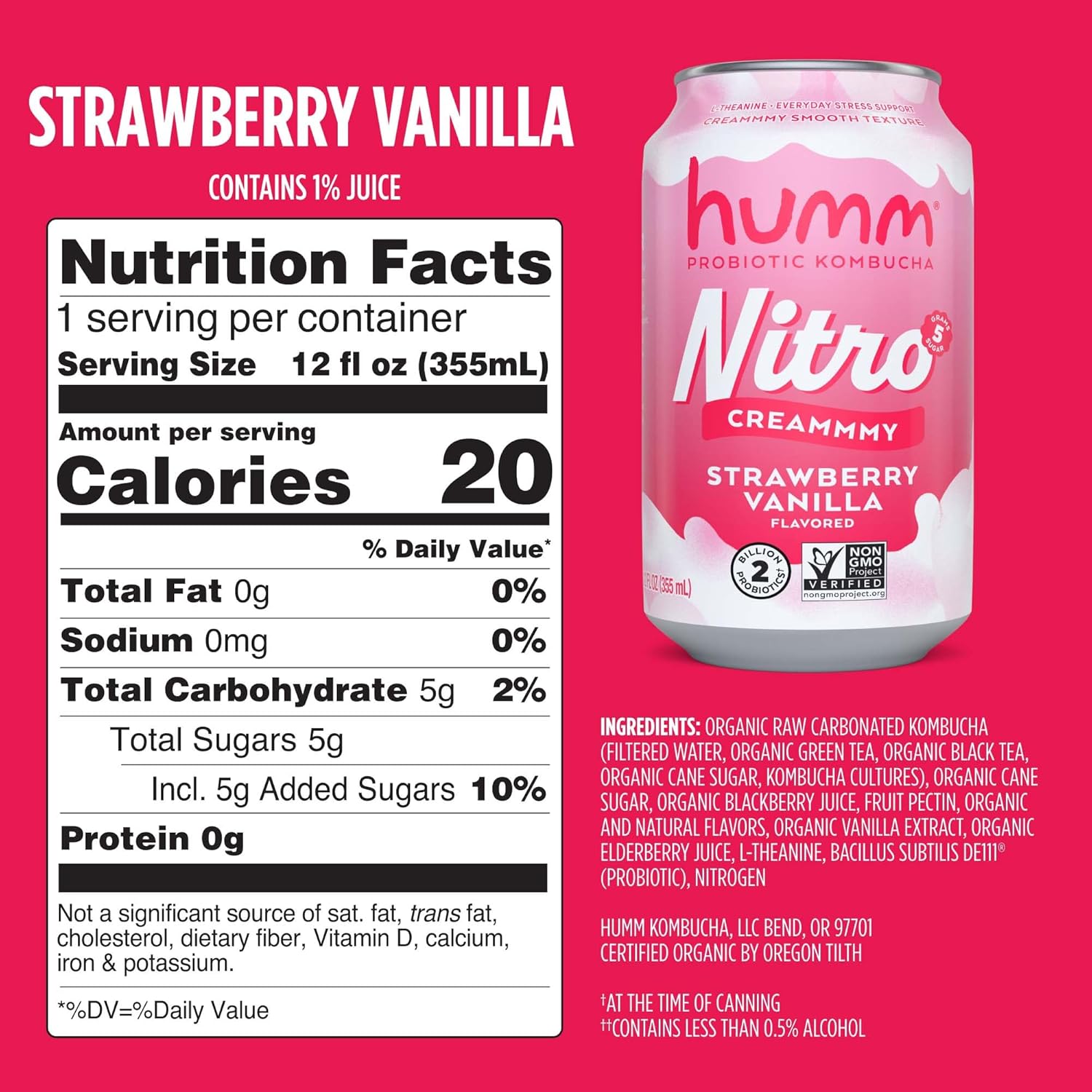 Humm Nitro Kombucha Strawberry Vanilla, Creamy Smooth Probiotic Drink with L-Theanine, Non-GMO, Vegan, Gluten Free, 12 fl oz (Pack of 12)