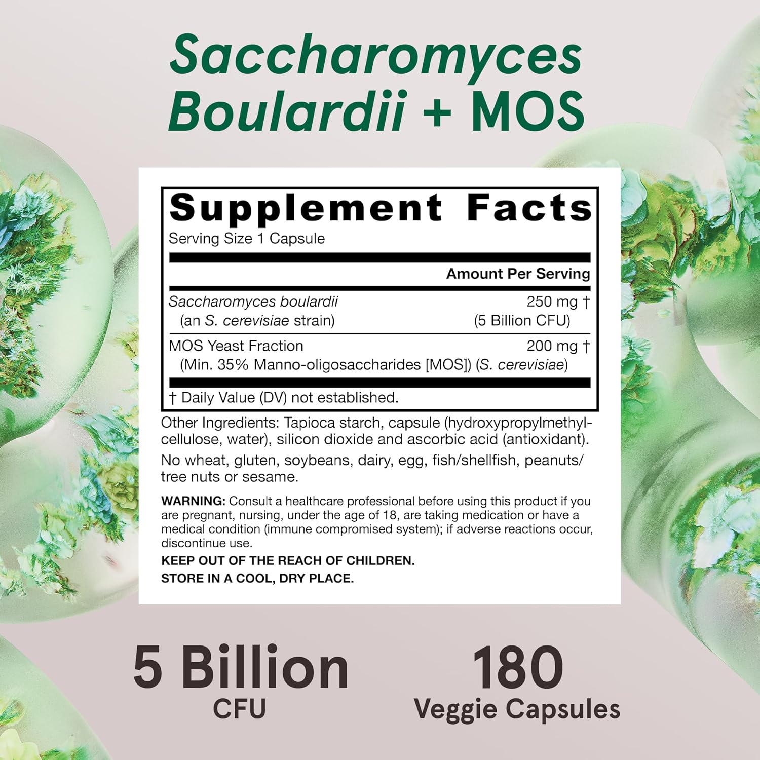 Jarrow Formulas Saccharomyces Boulardii Probiotics + MOS 5 Billion CFU Probiotic Yeast for Intestinal Health Support, Gut Health Supplements for Women and Men, 180 Veggie Capsules, 180 Day Supply