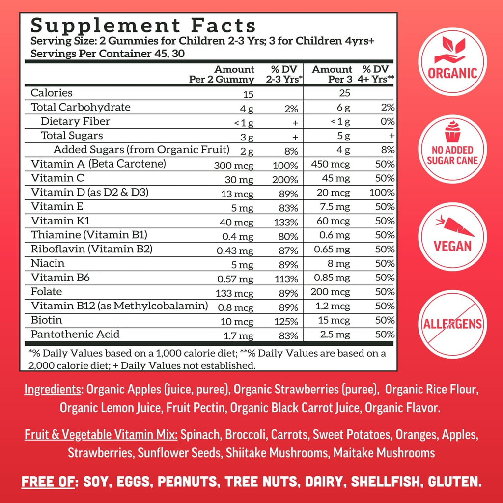 Llama Naturals Kids Multivitamin Gummies, Vegan, Organic with Vitamin D, C & K, Toddler Real Fruit Gummy Vitamins, Chewable Supplement, Whole Food Multivitamin, No Added Sugar Cane, Strawberry, 90 Ct