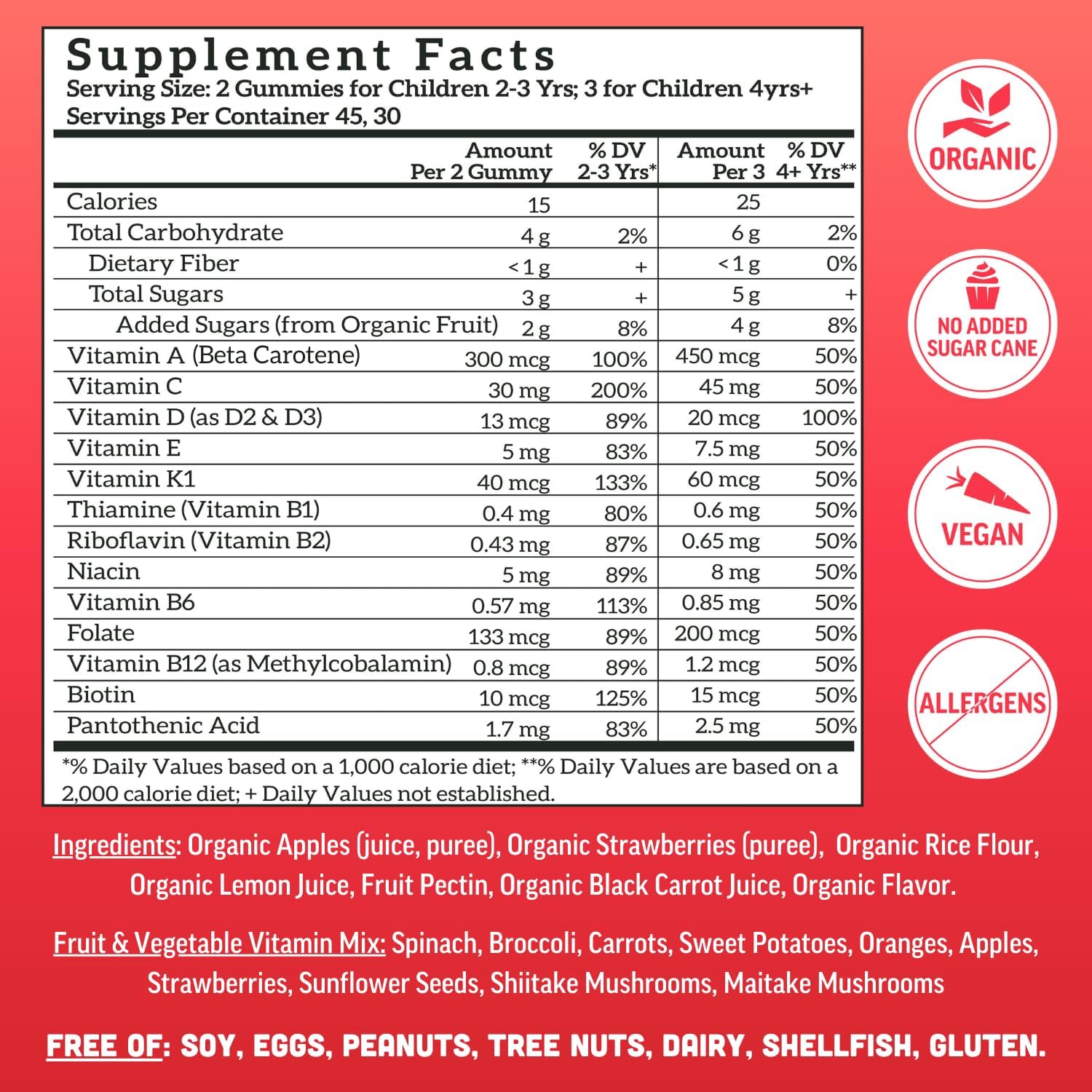 Llama Naturals Kids Multivitamin Gummies, Vegan, Organic with Vitamin D, C & K, Toddler Real Fruit Gummy Vitamins, Chewable Supplement, Whole Food Multivitamin, No Added Sugar Cane, Strawberry, 90 Ct