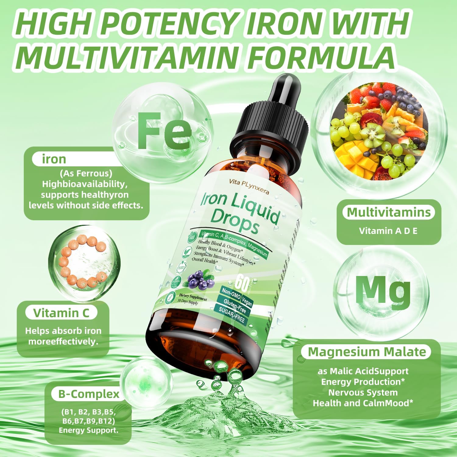 2 Pack Liquid Iron Supplement for Women Men & Kids, Vegan Iron Drops with Vitamin C D, B12, B-Complex, High Potency Liquid with Multivitamin for Anemia, Energy Support, Magnesium Iron Gentle