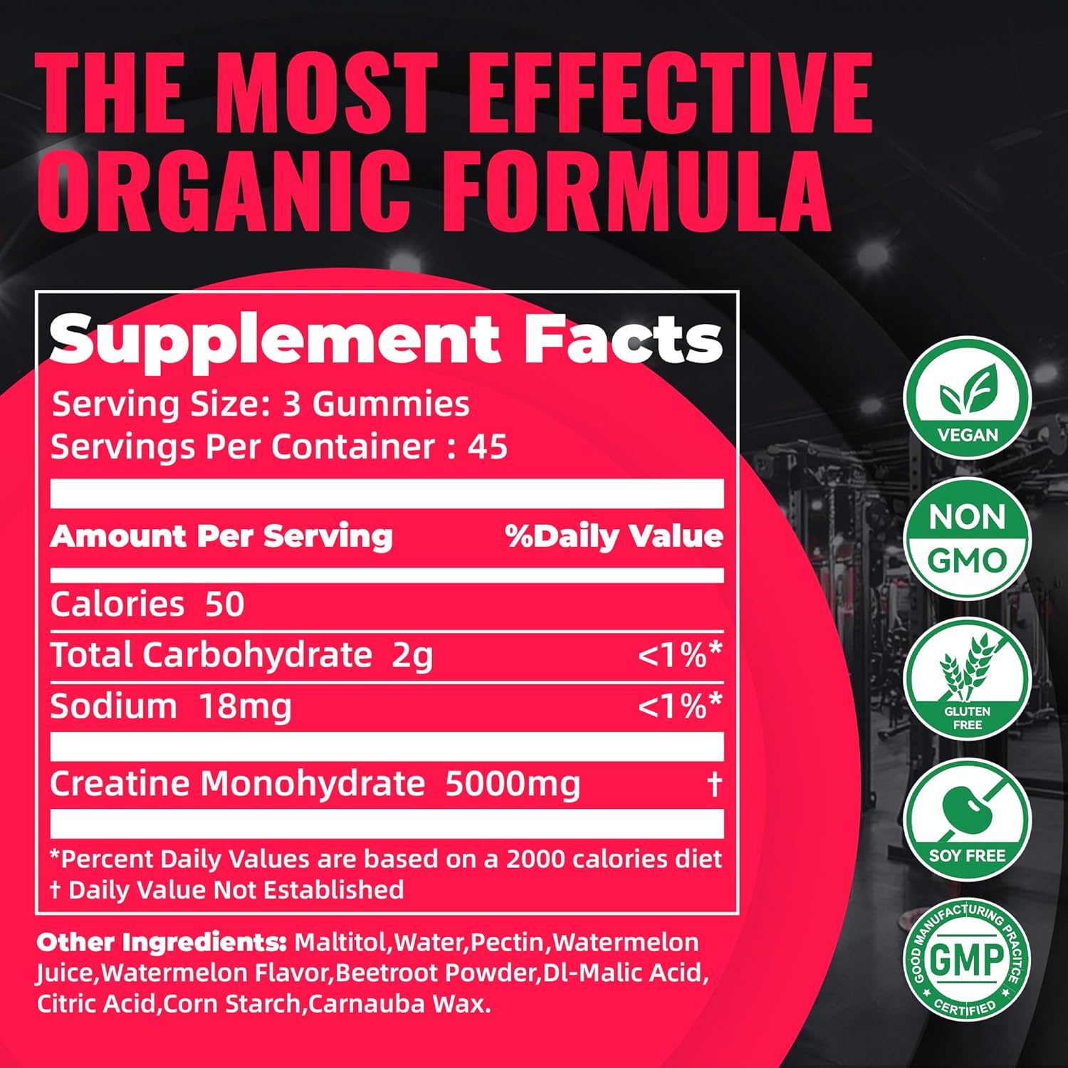 Natures Aid Creatine Monohydrate Gummies (5g) – Pre-Workout Energy & Muscle Growth Support for Men & Women | Watermelon Electrolyte Gummies (135 Count)