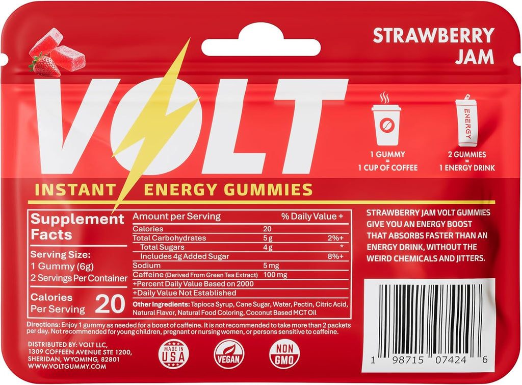 Volt Instant Energy Gummies - 100mg Caffeine per Gummy - Fast-Acting Fuel for Workout, Race + Study - Energy Drink Alternative - Caffeine Chews for Women & Men - Made in USA - Strawberry Jam - 12 Pack