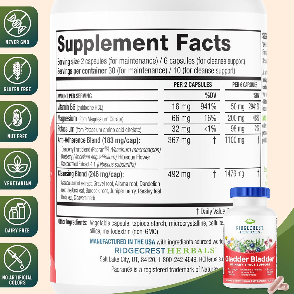 RidgeCrest Herbals Gladder Bladder, Urinary Tract Health Supplement. Contains Vitamin B6, Magnesium, Potassium with Cranberry and Hibiscus Extract. Helps Support Healthy Kidneys (60 Veg Caps, 30 Serv)
