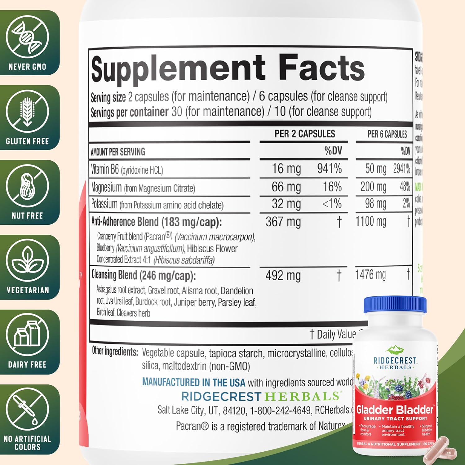 RidgeCrest Herbals Gladder Bladder, Urinary Tract Health Supplement. Contains Vitamin B6, Magnesium, Potassium with Cranberry and Hibiscus Extract. Helps Support Healthy Kidneys (60 Veg Caps, 30 Serv)