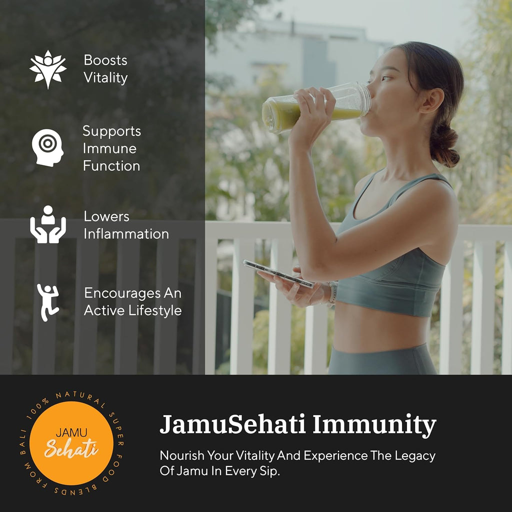 JAMUSEHATI Immunity, Natural Superfoods Blend from Bali, Containing Javanese Turmeric, Red Ginger, Moringa and Matcha, Cylinder (300g)