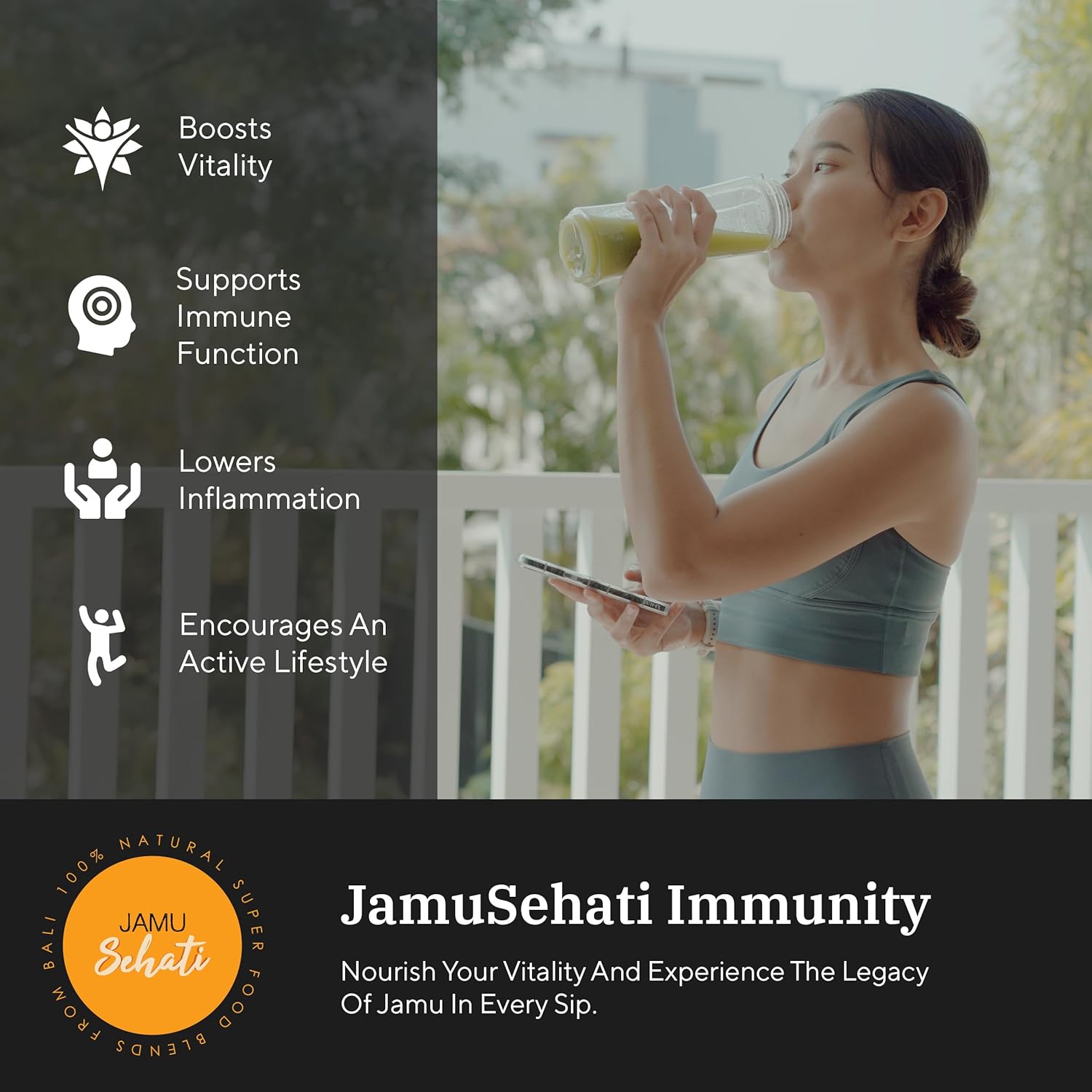 JAMUSEHATI Immunity, Natural Superfoods Blend from Bali, Containing Javanese Turmeric, Red Ginger, Moringa and Matcha, Cylinder (300g)