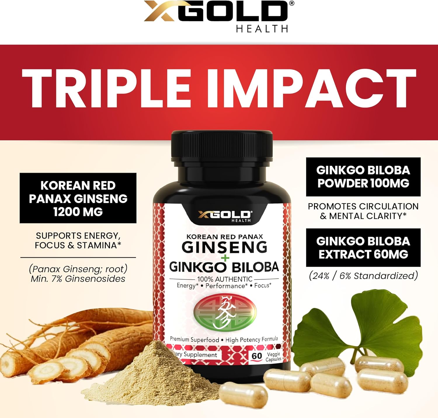 Korean Red Panax Ginseng 1200mg + Ginkgo Biloba - Extra Strength Root Extract Powder Supplement w/High Ginsenosides Vegan Capsules for Energy, Performance & Focus - Supplement for Men & Women