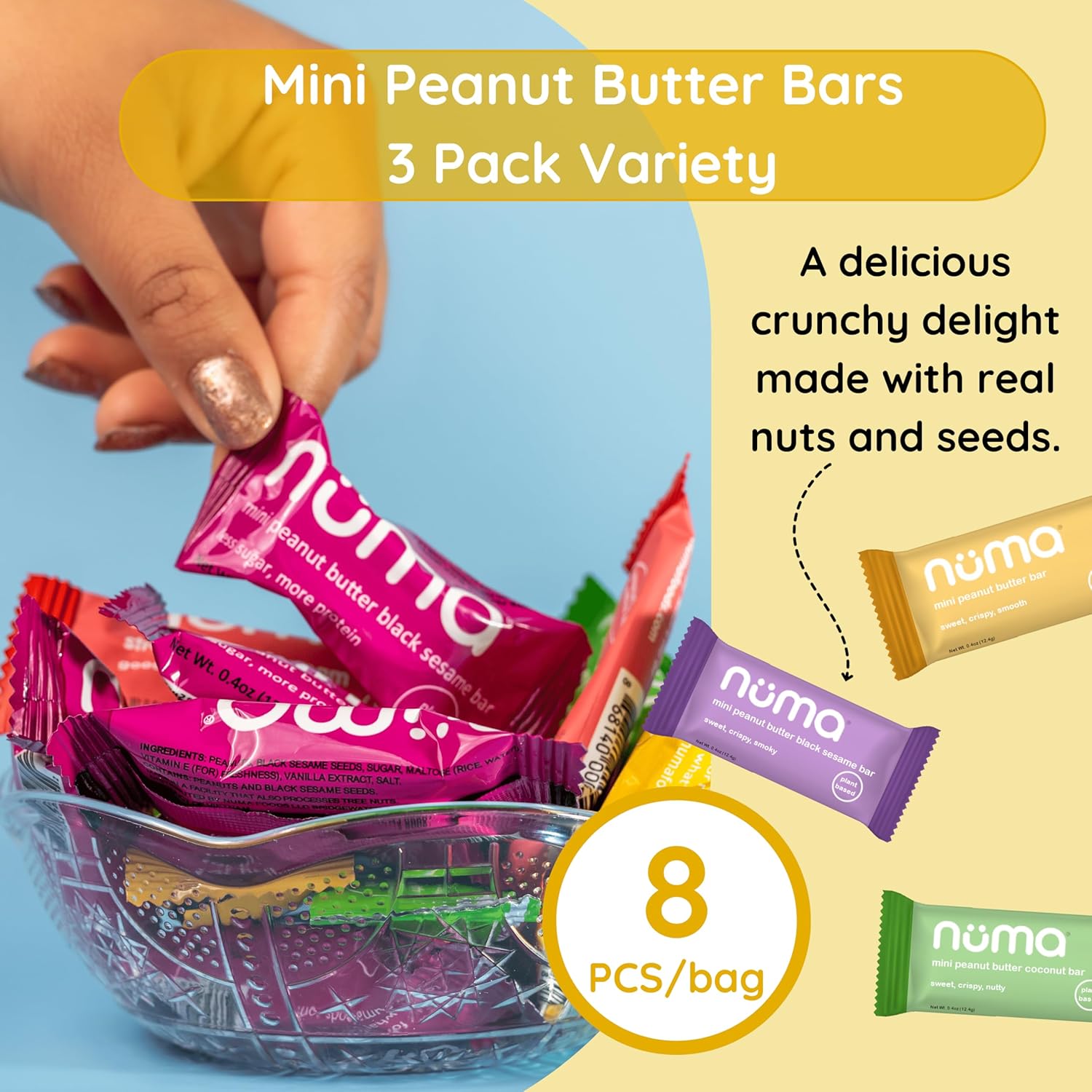 Assorted Mini Peanut Butter Bars, two (2) lb bulk, vegan high protein low sugar, 3 flavor variety, all natural, gluten free, plant based, individually wrapped
