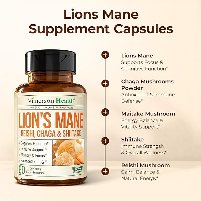 Lions Mane Supplement Capsules – Mushroom Powder Blend with Lions Mane Powder, Turkey Tail, Shiitake Mushrooms & More – Focus & Energy Supplements for Mood & Immune Support. Non-GMO. 60 Vegan Capsules