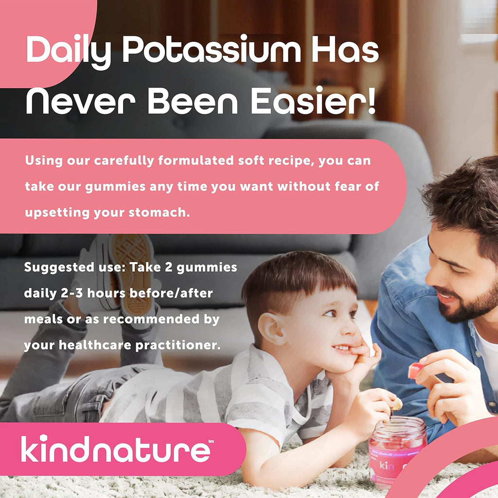 KINDNATURE High Potassium Supplement Gummies 500mg - Chewable for Adults & Kids - Pure Potassium Bicarbonate Mineral Supplement - Vegan, Gluten Free, Non GMO - 60 Gummies (30 Day Supply)