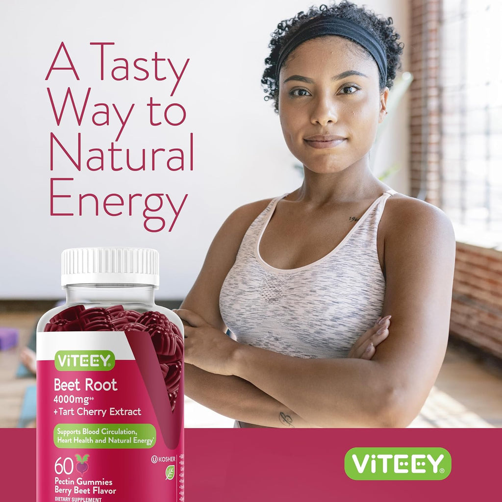 Viteey Beet Root Gummies with Tart Cherry - Beetroot Supplement for Heart Health, Blood Pressure Support - Vegan, Gluten-Free - 120 Count