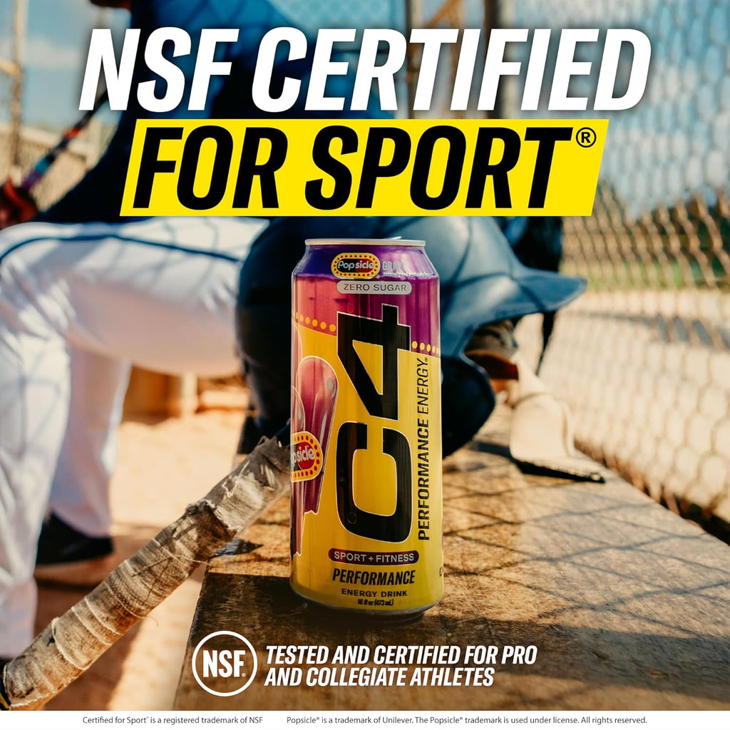 Cellucor C4 Energy Drink x Grape Popsicle, Carbonated Sugar Free Pre Workout Performance Drink with no Artificial Colors or Dyes, 16 Oz, Pack of 24