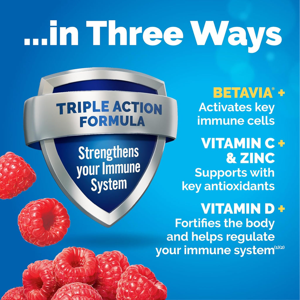 Emergen-C Immune+ Triple Action Immune Support Powder, BetaVia (R), 1000mg Vitamin C, B Vitamins, Vitamin D and Antioxidants, Raspberry, Back to School Essentials – 30 Count