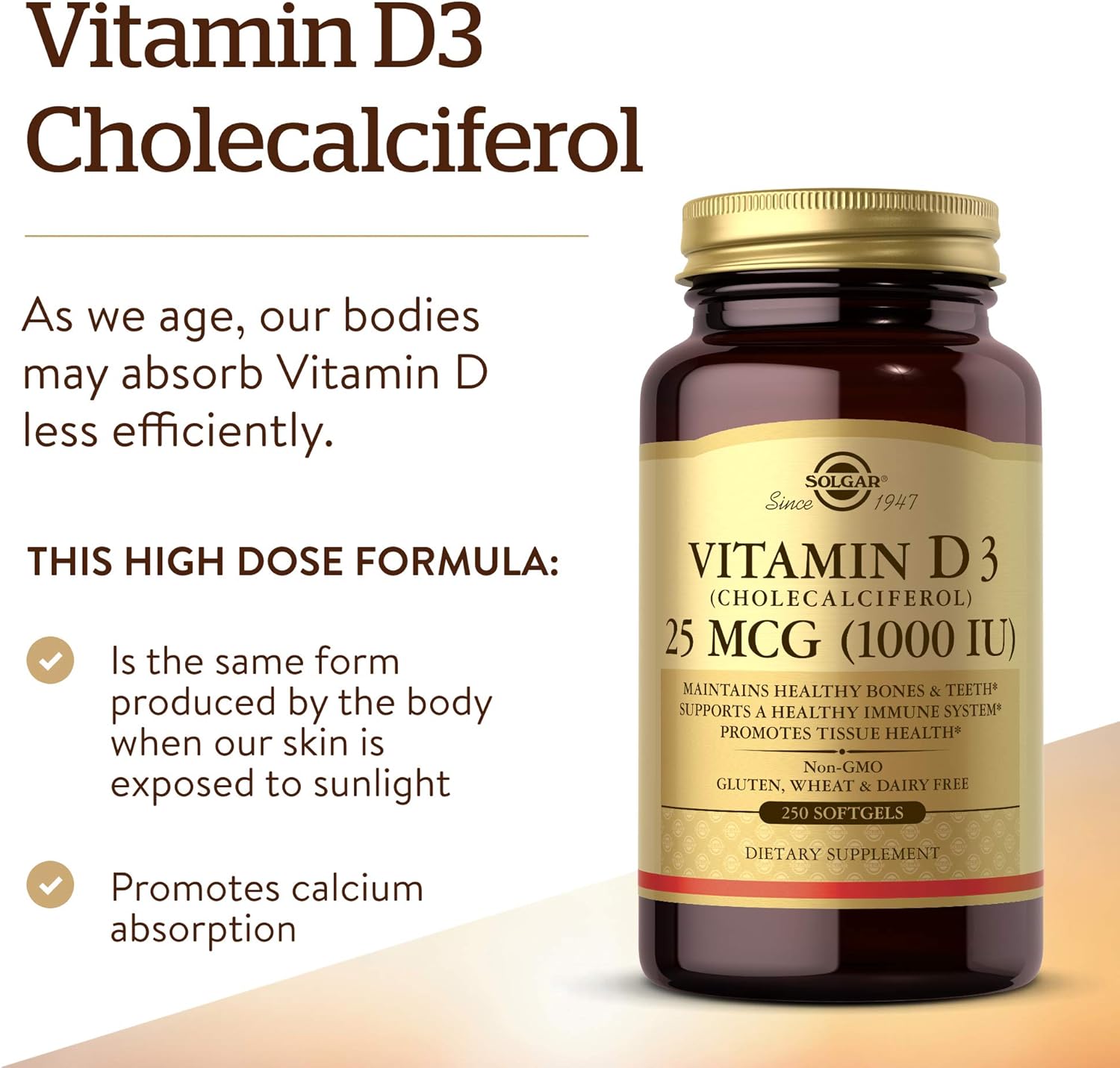 Solgar Vitamin D3 (Cholecalciferol) 25 MCG (1000 IU), 250 Softgels - Helps Maintain Healthy Bones & Teeth - Immune System Support - Non-GMO, Gluten-Free, Dairy Free - 250 Servings
