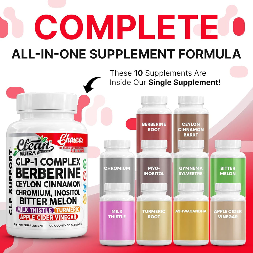 Glunexa Berberine GLP1 Support Supplements Ceylon Cinnamon Apple Cider Vinegar Chromium Myo-Inositol Bitter Melon Milk Thistle Ashwagandha Turmeric - 90 Capsules by Clean Nutra