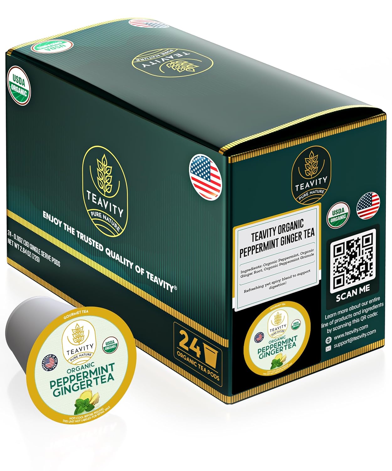 Teavity Organic Peppermint Ginger Tea Pods for Keurig - Decaf, 24 Count