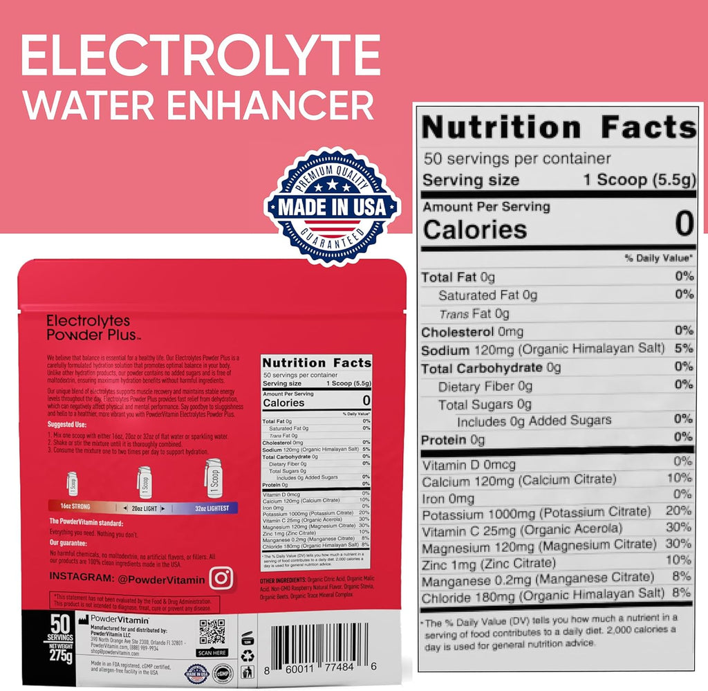 PowderVitamin Electrolytes Powder Plus (50 Servings) Raspberry Electrolyte Powder Zero Calorie Keto, 0 Sugar, No Maltodextrin,1000mg Potassium,120mg Calcium,120mg Magnesium, Hydration Powder
