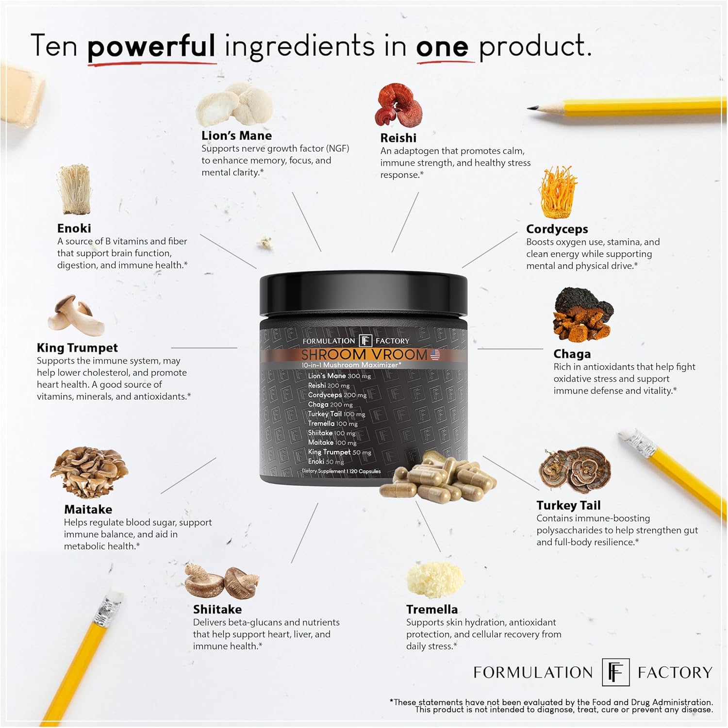 Shroom Vroom: 10-in-1 Mushroom Supplement, Lion’s Mane, Reishi, Cordyceps, Chaga, Turkey Tail, Tremella, Shiitake, Maitake, King Trumpet & Enoki, Brain Boost, Immune Support (120 count Pack of 3)