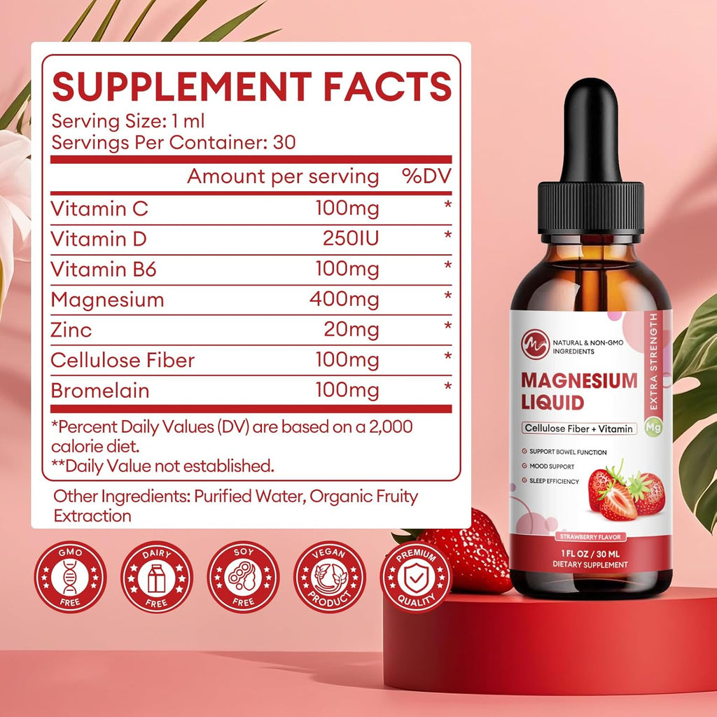 M inch Magnesium Glycinate Liquid, High Absorption Magnesium Liquid Drops with Cellulose Fiber, Bromelain, Vitamin B6, C, D, Zinc, Magnesium Supplement for Kids and Adults, Strawberry Flavor, 2 Pack