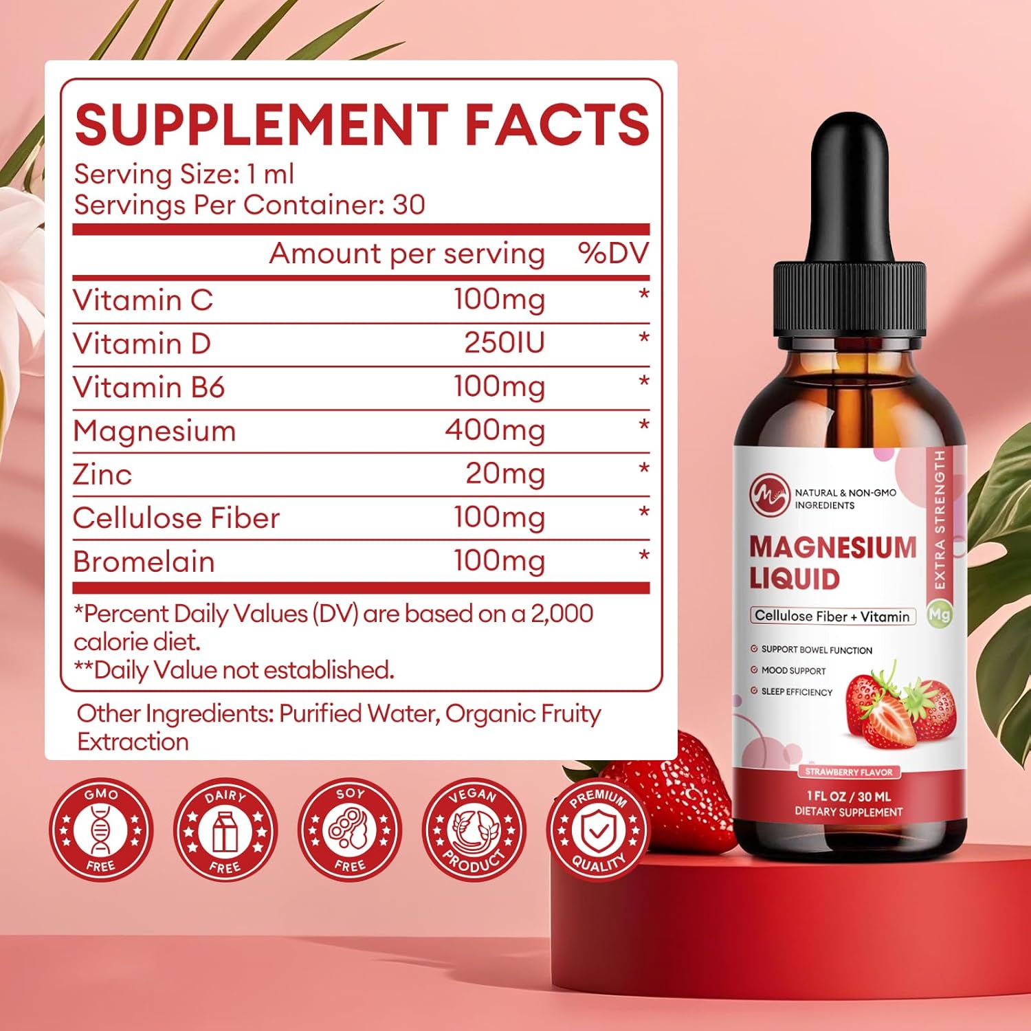 M inch Magnesium Glycinate Liquid, High Absorption Magnesium Liquid Drops with Cellulose Fiber, Bromelain, Vitamin B6, C, D, Zinc, Magnesium Supplement for Kids and Adults, Strawberry Flavor, 2 Pack
