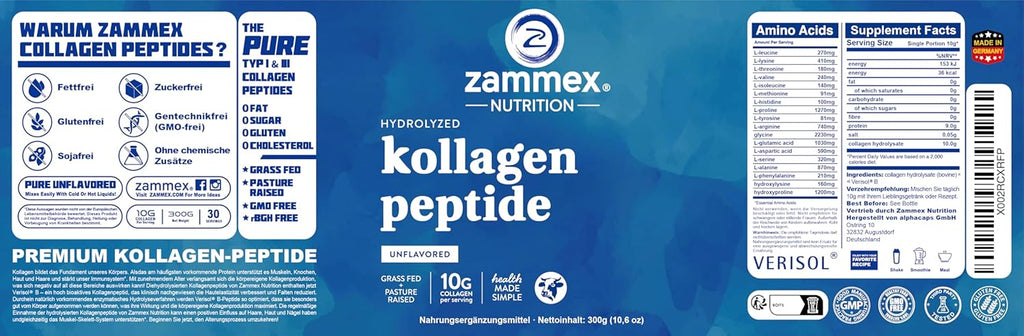 Zammex Premium Collagen Peptides Powder,Hydrolyzed Collagen Peptide for Women Men,Support for Hair Skin Nails, Joints Health,Grass Fed,Non-GMO,Keto Friendly,Gluten-Free,Easy to Digest,30 Servings