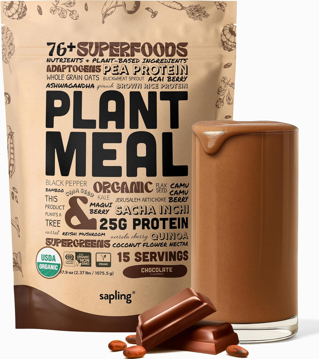 Plant Meal Replacement Shake - Chocolate - 25g of Plant Based Vegan Protein Powder, 76+ Organic Superfoods, Vitamins & Minerals, Mushrooms, Super Greens, Digestive Enzymes & Probiotics - 15 Servings
