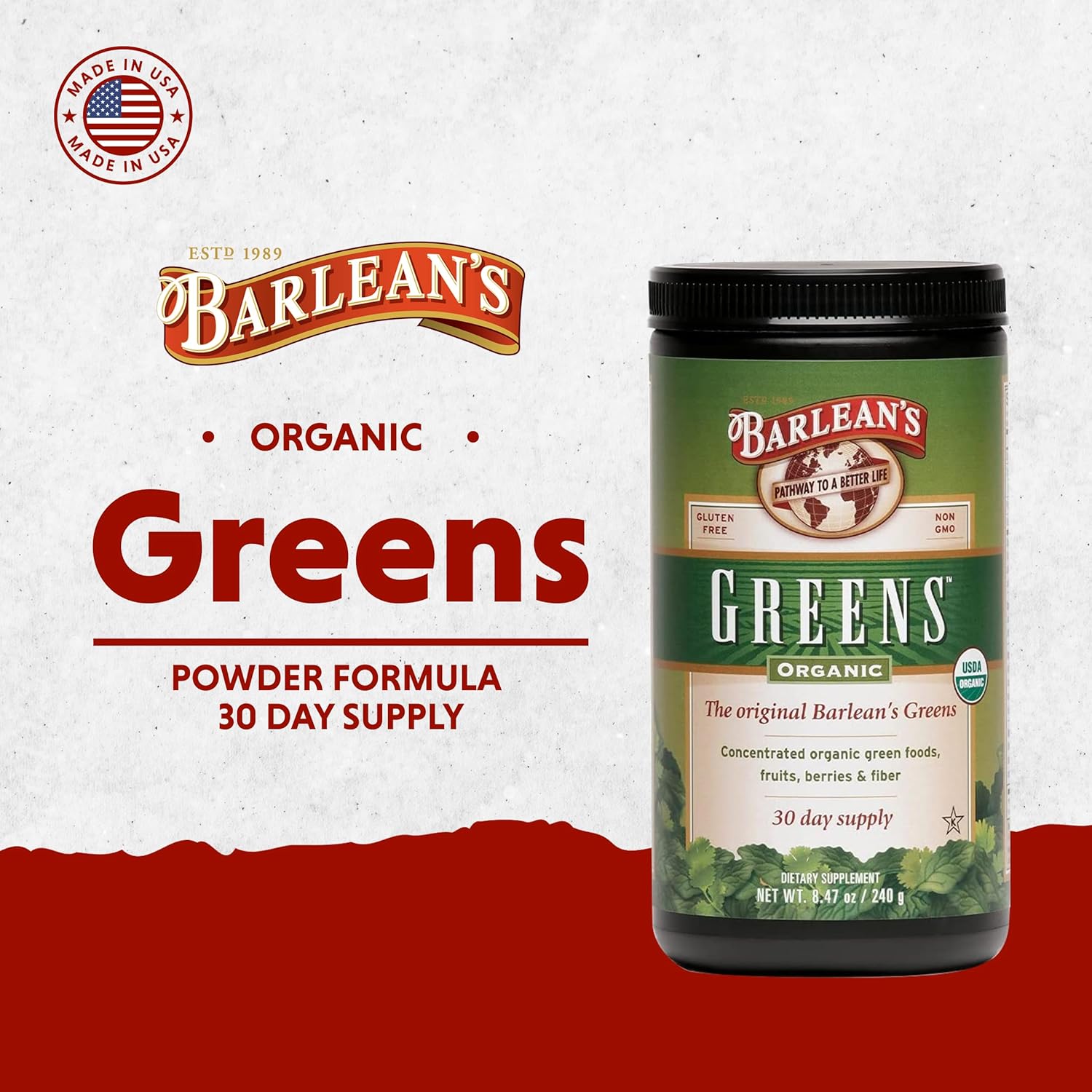 Barlean's Organic Greens Powder, Daily Fruit and Vegetable Superfood Supplement with Green Food Protein, Probiotic Blend and Fiber Drink Mix, 8.47 oz