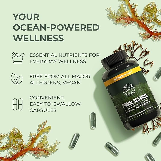 Primal Harvest Sea Moss Capsules with Bladderwack and Irish Sea Moss, Chlorella, Broccoli Seed Extract Plant-Based Supplements for Adults