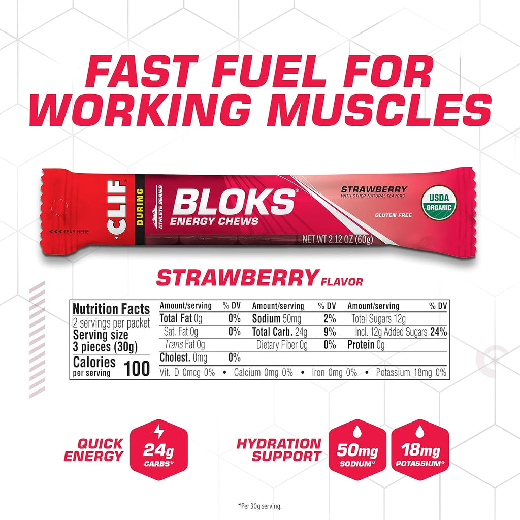 CLIF BLOKS - Strawberry Flavor - Energy Chews - Non-GMO - Plant Based - Fast Fuel for Cycling and Running - Quick Carbohydrates and Electrolytes - 2.12 oz. (18 Count)