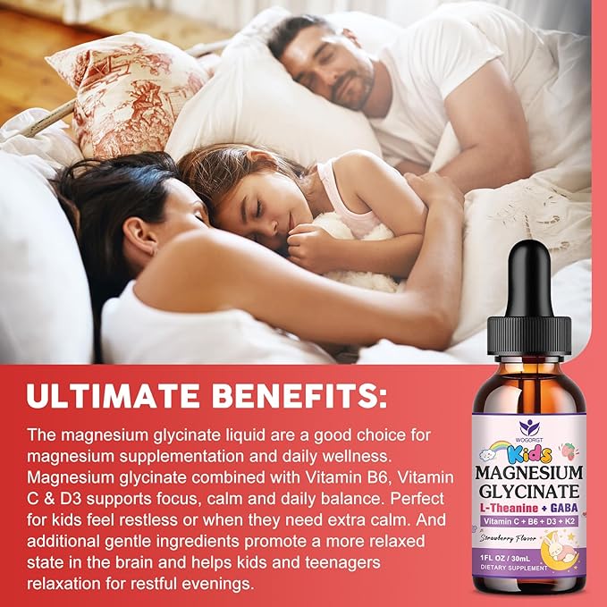Magnesium Glycinate Drops for Kids - Relaxation & Cognition Support - 200mg Liquid Magnesium Glycinate Supplement with L-Theanine, GABA, B6, D3, K2 - Sugar Free, Strawberry Flavor - 1 Fl Oz (2 Pack)