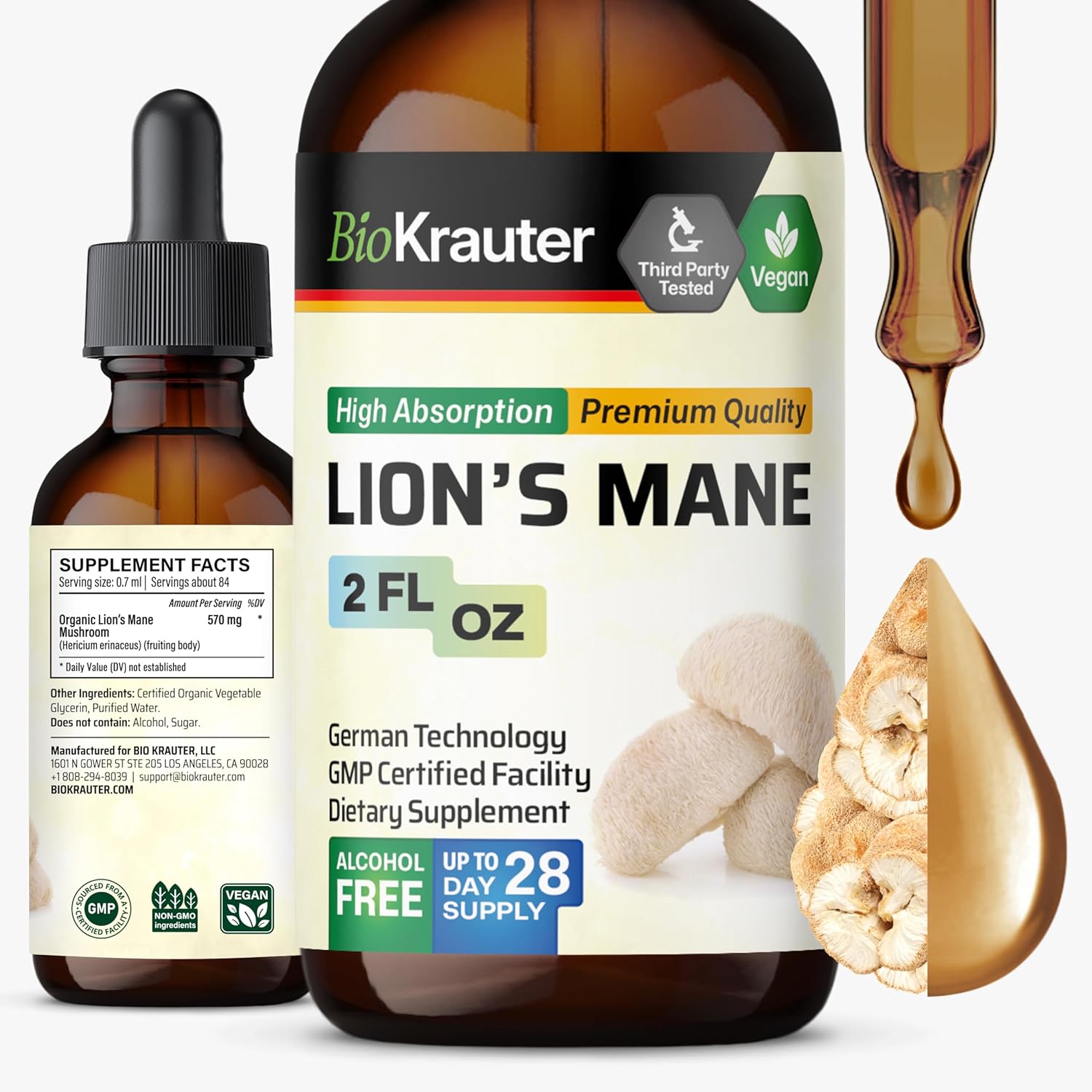 BIO KRAUTER Lions Mane Liquid Extract - Mushroom Supplement for Brain Support - Vegan Lions Mane Supplement - Alcohol & Sugar Free Drops - 2 Fl.Oz.